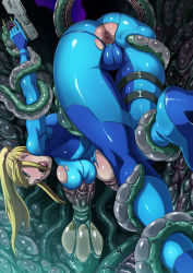1girl anus anus_only ass backless_outfit bdsm blonde_hair bodysuit bondage bound grabbing_another&#039;s_breast breast_sucking breasts butcha-u grabbing gun imminent_anal imminent_penetration lactation large_breasts long_hair metroid nintendo ponytail rape samus_aran skin_tight skindentation solo suspension tentacles top-down_bottom-up torn_clothes trigger_discipline weapon zero_suit rating:Explicit score:159 user:danbooru