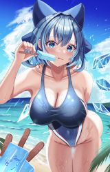  1girl :q aged_up alternate_breast_size aqua_hair arm_behind_back bare_shoulders beach blue_bow blue_eyes blue_hair blue_nails blue_one-piece_swimsuit blue_sky blush bow breasts cirno cleavage cloud collarbone colored_inner_hair commentary_request competition_school_swimsuit competition_swimsuit covered_erect_nipples covered_navel dated day dripping eyelashes fairy_wings food gluteal_fold hair_between_eyes hair_bow highleg highleg_swimsuit highres holding holding_food horizon hossy ice ice_cream ice_wings large_breasts looking_at_viewer medium_hair melting multicolored_hair nail_polish ocean one-piece_swimsuit outdoors popsicle sand school_swimsuit signature sky solo swimsuit thighs tongue tongue_out touhou two-tone_swimsuit water wet wings  rating:Sensitive score:38 user:danbooru