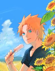  1boy aged_down alternate_costume black_shirt blue_eyes child closed_mouth commentary_request flower food holding holding_food holding_popsicle looking_at_viewer male_focus meitarou naruto_(series) naruto_shippuuden orange_hair outdoors popsicle shirt short_hair short_sleeves smile solo spiked_hair yahiko_(naruto) 