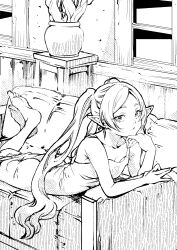  1girl ass barefoot breasts closed_mouth couch dress earrings elf expressionless frieren full_body greyscale hand_on_own_chin highres indoors jewelry long_hair looking_at_viewer lying monochrome on_couch on_stomach parted_bangs plant pointy_ears potted_plant sakayama_shinta sleeveless sleeveless_dress small_breasts soles solo sousou_no_frieren twintails  rating:Sensitive score:16 user:danbooru