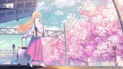  1girl ahoge alternate_costume bag beamed_eighth_notes blonde_hair blue_sky cherry_blossoms closed_mouth commentary_request copyright_notice day dress eighth_note floating_hair fortissimo from_below from_side hair_ornament handbag high_heels highres holding holding_suitcase hololive hololive_dev_is jacket koh_rd long_dress long_hair long_sleeves musical_note musical_note_hair_ornament off_shoulder official_art one_side_up otonose_kanade overhead_line pink_dress red_eyes rolling_suitcase security_camera sidelocks sky sleeves_past_wrists solo standing suitcase train_station train_station_platform virtual_youtuber white_footwear white_jacket 