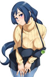 10s 1girl apron blue_eyes blue_hair breasts denim gundam gundam_build_fighters haro_button_badge highres huge_breasts iori_rinko jeans jewelry leaning_forward long_hair looking_at_viewer matching_hair/eyes mature_female pants ponytail ribbed_sweater ring simple_background smile solo sweater turtleneck very_long_hair wedding_band white_background zonda_(solid_air) rating:Sensitive score:78 user:danbooru