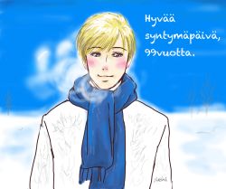  1boy axis_powers_hetalia birthday blonde_hair blush finland finnish_text highres scarf snow  rating:Sensitive score:1 user:0504