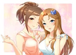  2girls bare_shoulders blue_eyes blue_ribbon blush border bow breasts brown_hair cleavage closed_mouth collarbone dot_nose earrings gradient_background hair_bow hand_on_another&#039;s_shoulder hand_on_own_neck hand_up highres hyodo_rena idolmaster idolmaster_cinderella_girls idolmaster_cinderella_girls_starlight_stage jewelry large_breasts long_hair looking_at_viewer matsumoto_sarina multiple_bracelets multiple_girls necklace one_eye_closed outside_border parted_lips pink_background pink_ribbon pink_shirt ponytail popon_ta ribbon shirt short_hair sleeveless sleeveless_shirt smile upper_body white_border white_bracelet white_shirt yellow_eyes 