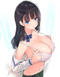 1girl bare_shoulders black_hair blue_background blue_bow blue_bowtie blue_eyes blunt_bangs blush bow bowtie bra breasts cleavage closed_mouth commentary_request cowboy_shot large_breasts long_hair long_sleeves looking_at_viewer motion_lines off_shoulder open_clothes open_shirt original shirt signature solo strap_gap two-tone_background underwear white_background white_bra white_shirt yaegashi_nan rating:Questionable score:41 user:danbooru