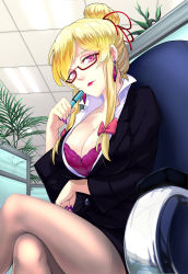  1girl alternate_costume alternate_hairstyle bespectacled blonde_hair blouse bow bra breast_rest breasts chair cleavage collarbone collared_shirt contemporary crossed_legs earrings eyebrows fingernails formal glasses hair_bow hair_ribbon hair_up head_tilt highres hunluan_zhongli jacket jewelry lace lace-trimmed_bra lace_trim large_breasts lights lips lipstick long_sleeves looking_at_viewer looking_down makeup nail_polish office office_chair office_lady open_clothes open_shirt pantyhose pen plant purple_bra purple_eyes purple_nails red-framed_eyewear ribbon see-through see-through_legwear shirt sitting skirt skirt_suit smile solo suit swivel_chair touhou underwear yakumo_yukari  rating:Sensitive score:59 user:danbooru