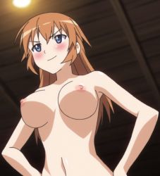  1girl animated animated_png blue_eyes blush bouncing_breasts breasts charlotte_e._yeager hands_on_own_hips large_breasts long_hair navel nipples nude orange_hair smile solo strike_witches world_witches_series  rating:Questionable score:90 user:DearS_Lover91