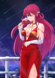  1girl blue_eyes breasts cleavage cup detached_sleeves dress drinking_glass grisaia_(series) highres kuroyamii large_breasts legs night night_sky one_eye_closed red_hair sideboob sky suou_amane wine_glass wink  rating:Sensitive score:5 user:SuouAmameme3392