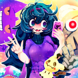  1girl @_@ black_hair black_sweater blue_eyes blush breasts colored_sclera cowboy_shot creatures_(company) curly_hair dress dusclops game_freak gen_1_pokemon gen_3_pokemon gen_7_pokemon gengar ghost gradient_background grin hair_between_eyes hairband hakkasame hand_up hands_up headband hex_maniac_(pokemon) holding holding_phone long_hair looking_at_phone looking_to_the_side mimikyu nintendo open_mouth phone pokemon pokemon_(creature) pokemon_xy purple_dress red_sclera ribbed_sweater ringed_eyes sableye selfie short_sleeves small_breasts smile solid_oval_eyes spider_web_print sweat sweater tagme teeth turtleneck turtleneck_sweater v very_long_hair wavy_mouth wide-eyed 