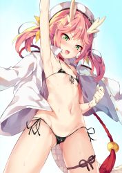 1girl arm_up armpits azur_lane bare_shoulders beret bikini black_bikini blush breasts collarbone commentary_request dragon_horns dragon_tail front-tie_bikini_top front-tie_top gloves gluteal_fold green_eyes hair_ribbon has_bad_revision has_cropped_revision hat highres horns jacket jacket_on_shoulders long_hair long_sleeves md5_mismatch micro_bikini navel open_mouth pink_hair resolution_mismatch ribbon ryuujou_(azur_lane) side-tie_bikini_bottom small_breasts solo source_smaller swimsuit tail tears twintails unacchi_(nyusankin) v-shaped_eyebrows white_gloves white_hat white_jacket yellow_ribbon rating:Questionable score:47 user:danbooru