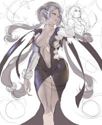  aa_megami-sama boots breasts center_opening demon facial_mark forehead_mark gtunver highres hild large_breasts long_hair looking_at_viewer monochrome sketch star_(symbol) star_facial_mark thigh_boots thighhighs unfinished 