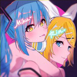  2girls :p bare_shoulders black_bra blonde_hair blue_hair blush bow bra bra_strap character_name chromatic_aberration commentary english_text film_grain hair_between_eyes hair_bow hair_ornament hairclip hatsune_miku headphones highres hug kagamine_rin long_hair looking_at_viewer multiple_girls parted_bangs portrait purple_background shinaq short_hair sidelocks simple_background smile tongue tongue_out twintails underwear vocaloid white_bow white_bra yellow_eyes 