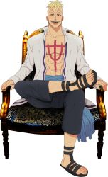  1boy armchair blonde_hair chair collared_shirt crossed_legs jolly_roger male_focus marco_(one_piece) one_piece open_clothes open_shirt patterned_upholstery pirate sandals sash shirt shitara_(kaimetsu_joutai) simple_background sitting smile solo tattoo white_background  rating:Sensitive score:4 user:dragafire