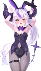  1girl absurdres animal_ears armpits arms_up bare_shoulders black_hairband black_leotard blush bow braid braided_bangs breasts commentary_request covered_navel demon_horns fang gluteal_fold grey_hair grey_pantyhose groin hair_between_eyes hairband highres hololive horns la+_darknesss leotard long_hair masaki_(msk064) multicolored_hair open_mouth pantyhose playboy_bunny ponytail purple_bow purple_hair rabbit_ears rabbit_pose simple_background small_breasts solo streaked_hair thigh_gap thigh_strap very_long_hair virtual_youtuber wavy_mouth white_background yellow_eyes  rating:Sensitive score:8 user:danbooru