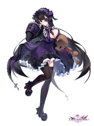  1girl black_hair breasts dress eyepatch full_body gothic_lolita hairband highres iris_yuma lolita_fashion long_hair looking_at_viewer non-web_source official_style open_mouth purple_dress red_eyes soulworker standing standing_on_one_leg stuffed_animal stuffed_toy teddy_bear 