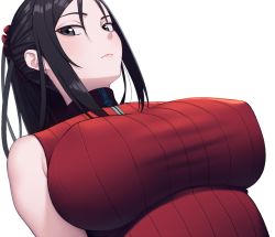 1girl amase_(yagami666) bare_shoulders black_eyes black_hair breasts dutch_angle covered_erect_nipples expressionless from_below kai_schren large_breasts lips long_hair looking_at_viewer ponytail portrait ribbed_sweater scrunchie senjou_no_valkyria_(series) senjou_no_valkyria_4 simple_background sleeveless solo sweater turtleneck upper_body white_background rating:Sensitive score:87 user:danbooru