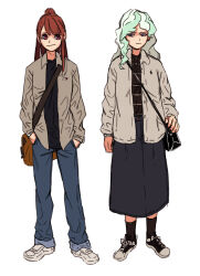  2girls absurdres aged_up alternate_costume aqua_hair asymmetrical_bangs asymmetrical_hair bag casual denim diana_cavendish frown h_(7503971) hands_in_pockets high_ponytail highres jacket jeans kagari_atsuko little_witch_academia long_hair multiple_girls pants shoes shoulder_bag skirt sneakers standing watch white_background witch wristwatch 
