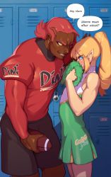  2boys absurdres american_football_(object) ball blue_eyes blush cheerleader combos_&amp;_doodles commentary contemporary covering_own_mouth crossdressing dark_skin dress earrings embarrassed english_commentary english_text football_uniform full-face_blush ganondorf green_dress hair_ornament hairclip heart heart_earrings height_difference highres holding holding_pom_poms huge_filesize jewelry link locker long_hair male_focus multiple_boys nintendo orange_eyes orange_hair pom_pom_(cheerleading) pom_poms ponytail red_hair shoulder_pads soccer_ball speech_bubble sportswear the_legend_of_zelda thick_eyebrows trap yaoi  rating:Sensitive score:293 user:danbooru