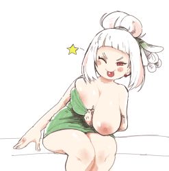 1girl :p areola_slip bare_shoulders blush blush_stickers bravely_default:_flying_fairy bravely_default_(series) bravely_second:_end_layer breasts cleavage female_focus hanging_breasts huge_breasts inkerton-kun large_breasts leaning_forward looking_at_viewer magnolia_arch naked_towel nipples one_breast_out one_eye_closed red_eyes short_hair simple_background sitting smile solo star_(symbol) thighs tongue tongue_out towel white_background white_hair rating:Questionable score:108 user:danbooru