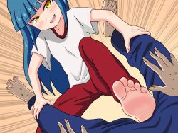  1girl blue_hair denki_anma feet femdom highres nush_advance open_mouth original pants soles toes yellow_eyes 
