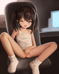  1girl :d black_hair bottomless brown_eyes chair cleft_of_venus crumbles female_focus female_masturbation highres loli masturbation one_eye_closed open_mouth original pussy short_hair sitting smile socks solo spread_legs tank_top twintails uncensored white_socks white_tank_top  rating:Explicit score:591 user:Dweenie