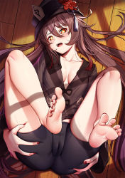 1girl artist_request ass ass_grab barefoot black_shorts blush breasts brown_hair cameltoe come_hither deep_skin from_above genshin_impact hat hat_ornament highres hu_tao_(genshin_impact) long_hair looking_at_viewer open_mouth red_eyes shiny_skin short_shorts shorts smile solo twintails very_long_hair rating:Questionable score:59 user:armorcrystal