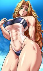 1girl abs arm_behind_back blonde_hair breasts cowboy_shot fate/grand_order fate_(series) from_below green_eyes green_nails gris_swimsuit hand_up highres large_breasts long_hair looking_at_viewer looking_down meme_attire muscular muscular_female nail_polish one-piece_swimsuit parted_lips piercing quetzalcoatl_(fate) see-through see-through_swimsuit sky solo standing swimsuit thighs underboob very_long_hair zantyarz rating:Questionable score:117 user:danbooru