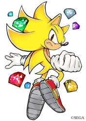  1boy chaos_emerald floating furry furry_male gloves hungry_clicker looking_at_viewer male_focus red_eyes shoes simple_background solo sonic_(series) sonic_the_hedgehog super_sonic uekawa_yuji_(style) white_background white_gloves 