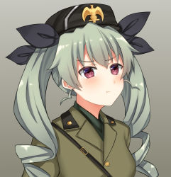 1girl :t anchovy_(girls_und_panzer) belt benito_mussolini benito_mussolini_(cosplay) beret black_hat black_ribbon black_shorts closed_mouth commentary cosplay dress_shirt drill_hair english_commentary frown girls_und_panzer green_hair grey_background grey_jacket hair_ribbon hat highres insignia jacket long_hair looking_at_viewer military military_hat military_uniform portrait red_eyes ribbon sam_browne_belt shirt shorts simple_background solo starguard twin_drills twintails uniform