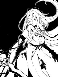  1girl black_background bow breasts center_opening cleavage drag-on_dragoon drag-on_dragoon_3 dress floating_hair flower flower_over_eye greyscale hair_bow hair_ornament hairclip half_updo highres holding holding_sword holding_weapon large_breasts long_hair long_sleeves miichinori monochrome navel outline parted_lips prosthesis prosthetic_arm sidelocks solo sword thigh_strap weapon white_outline zero_(drag-on_dragoon) 