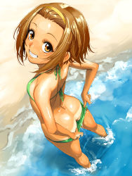  1girl arms_behind_back ass back bad_id bad_pixiv_id bare_legs bare_shoulders beach bikini bikini_pull bikini_tan breasts brown_eyes brown_hair butt_crack clothes_pull day downpants dripping flat_chest forehead foreshortening from_above from_behind full_body green_bikini grin hairband highres k-on! kneepits legs looking_at_viewer looking_back looking_up mumu ocean outdoors pulled_by_self shiny_skin small_breasts smile soaking_feet solo standing swimsuit tainaka_ritsu tan tanline teeth wading water wet wet_clothes  rating:Questionable score:586 user:danbooru