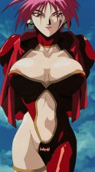  1girl absurdres areola_slip breasts character_request cleavage fatal_fury highres large_breasts looking_at_viewer navel pink_hair pubic_hair red_eyes smile stitched thighhighs thighs third-party_edit  rating:Questionable score:9 user:TheSuSMan