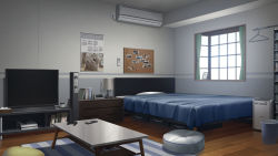 air_conditioner alarm_clock bed bedroom blue_theme book calendar_(object) clock commentary_request controller curtains day game_console game_controller indoors lamp magazine_(object) mikago_kotaro muted_color nintendo_switch no_humans pillow playstation_4 remote_control room roomscape scenery se-fukubu speaker table television window xbox_one rating:General score:3 user:danbooru