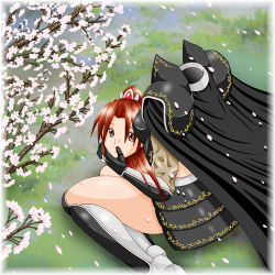  armor cape cherry_blossoms dullahan headless lowres monster_girl red_eyes red_hair sitting smile  rating:Sensitive score:18 user:geod