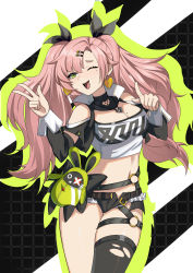  1girl ;d absurdres bare_shoulders black_jacket black_ribbon black_shorts black_thighhighs breasts chinese_commentary cleavage clothing_cutout commentary_request cowboy_shot cropped_jacket cutoffs earrings green_eyes hair_ornament hair_ribbon hairclip hands_up heart heart_earrings highres index_finger_raised jacket jewelry long_hair long_sleeves medium_breasts micro_shorts midriff mole mole_on_breast mole_under_eye navel nicole_demara one_eye_closed open_clothes open_jacket open_mouth pink_hair ribbon shorts shoulder_cutout single_thighhigh smile solo standing stomach strapless thigh_strap thighhighs thighs torn_clothes torn_thighhighs tube_top two_side_up very_long_hair w yuyu-lyf zenless_zone_zero  rating:Sensitive score:8 user:danbooru