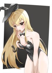  1girl alternate_costume anchor_hair_ornament animal_ears black_background black_bow black_bowtie black_leotard blonde_hair bow bowtie breasts detached_collar grey_eyes hair_ornament highres kantai_collection leaning_forward leotard long_hair one-hour_drawing_challenge open_mouth oversized_breast_cup playboy_bunny rabbit_ears shimakaze_(kancolle) shiratsuki_azu small_breasts solo strapless strapless_leotard two-tone_background 