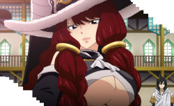 1boy 1girl breasts brown_eyes fairy_tail fur-trimmed_headwear fur_trim highres irene_belserion large_breasts long_hair mature_female red_hair stitched third-party_edit underboob zeref 
