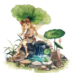  1girl blonde_hair braid fairy fairy_wings flower frog green_eyes hair_flower hair_ornament hinata_(echoloveloli) holding holding_leaf leaf lily_pad original outdoors pink_flower pointy_ears pond rock sidelocks twin_braids water waterfall white_background wings 