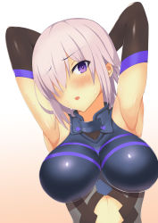 1girl absurdres armor armpits arms_behind_head blush breasts dutch_angle elbow_gloves fate/grand_order fate_(series) gloves hair_over_one_eye highres mash_kyrielight midriff pm_tii_(matuko1024) purple_eyes purple_hair short_hair solo sweat upper_body rating:Sensitive score:27 user:danbooru