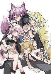  1other 4girls animal_ear_fluff animal_ears arknights black_bracelet blonde_hair blue_hairband blush bracelet bridal_gauntlets commentary doctor_(arknights) fox_ears fox_girl fox_tail green_eyes grey_pants hair_between_eyes hair_ornament hairband hairclip harem highres hug hug_from_behind infection_monitor_(arknights) jewelry kitsune lingerie looking_at_viewer material_growth multiple_girls navel negligee notched_ear orange_eyes oripathy_lesion_(arknights) pants parted_lips pink_hair shamare_(arknights) short_hair simple_background sitting sketch slingshot_swimsuit sussurro_(arknights) suzuran_(arknights) swimsuit tail underwear vermeil_(arknights) whate=3r white_background  rating:Questionable score:19 user:danbooru