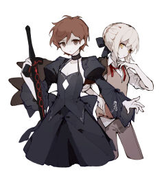  1boy 1girl antenna_hair artoria_pendragon_(all) artoria_pendragon_(fate) back_bow black_bow black_choker black_dress black_sleeves blonde_hair bow braid brown_eyes brown_vest choker cleavage_cutout closed_mouth clothing_cutout collared_shirt commentary_request cosplay costume_switch cropped_legs crossdressing crown_braid danganronpa_(series) danganronpa_another dated_commentary detached_sleeves diamond_cutout dress empty_eyes expressionless fate_(series) frilled_sleeves frills gothic_lolita grey_pants hair_bow hair_bun hand_on_own_chest highres holding holding_sword holding_weapon juliet_sleeves lace-trimmed_choker lace_trim light_frown lolita_fashion long_sleeves messy_hair necktie orange_hair pants pectoral_cleavage pectorals puffy_sleeves red_necktie saber_alter shaded_face shirt short_hair simple_background single_hair_bun sleeve_bow sleeveless sleeveless_dress sleeves_past_elbows sleeves_rolled_up spaghetti_strap spoilers sweater_vest sword undone_necktie utsuro_(danganronpa_another) uyu_(pixiv_92484260) v-neck vest weapon white_background white_shirt white_sleeves wide_sleeves yellow_eyes 
