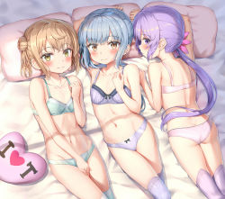  3girls akebono_(kancolle) arm_up ass back bare_shoulders black_ribbon blush bow bow_panties breasts brown_eyes butt_crack closed_mouth collarbone commentary_request double_bun flower hair_between_eyes hair_bun hair_flower hair_ornament hair_ribbon heart heart-shaped_pillow heart_print highres kantai_collection kasumi_(kancolle) light_brown_hair long_hair looking_at_viewer lying michishio_(kancolle) multiple_girls navel nedia_(nedia_region) on_back on_bed panties pillow purple_eyes purple_hair remodel_(kantai_collection) ribbon short_hair side_ponytail silver_hair skindentation small_breasts smile thighhighs underwear underwear_only very_long_hair  rating:Sensitive score:136 user:danbooru