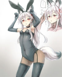  ... 1girl animal_ears bee_(deadflow) black_gloves black_leotard black_pantyhose blush breasts collar collarbone commentary_request covered_navel cowboy_shot elbow_gloves empty_eyes fake_animal_ears fox_ears fox_tail garter_straps gloves hair_between_eyes hair_ribbon hypnosis leotard long_hair mind_control original pantyhose parted_lips pet_play pink_sweater playboy_bunny rabbit_ears rabbit_pose red_ribbon ribbed_sweater ribbon small_breasts snapping_fingers solo_focus spoken_ellipsis standing sweater tail thighhighs tress_ribbon turtleneck very_long_hair white_background white_hair  rating:Sensitive score:63 user:danbooru