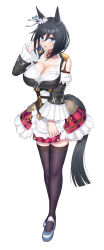  1girl absurdres animal_ears answering bare_shoulders black_hair black_thighhighs blue_eyes blue_footwear blush bodice breasts choker cleavage commentary_request detached_sleeves dirndl ear_ornament eishin_flash_(umamusume) german_clothes highres horse_ears horse_girl horse_tail large_breasts long_sleeves looking_at_viewer parted_lips pleated_skirt red_choker short_hair simple_background skirt smile solo tail thighhighs umamusume white_background wide_sleeves  rating:Sensitive score:5 user:danbooru