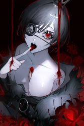 1girl absurdres bare_shoulders belt belt_buckle black_belt black_clover black_hair blood breasts buckle collarbone eyepatch finger_to_tongue flower frit_2 from_above fur_collar gem highres insignia limited_palette long_bangs long_eyelashes looking_at_viewer miniskirt multiple_belts naughty_face o-ring o-ring_belt one_eye_covered open_mouth parted_bangs partially_undressed red_eyes red_flower red_gemstone red_theme sharp_teeth short_hair sitting skirt solo spade_(shape) studded_belt teeth tiara tongue tongue_out vanica_zogratis rating:Sensitive score:19 user:danbooru