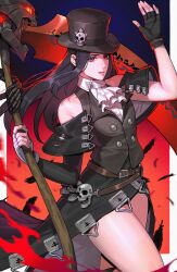  1other androgynous ascot asymmetrical_gloves asymmetrical_sleeves black_hair fingerless_gloves gloves guilty_gear guilty_gear_strive hat hat_ornament highres holding holding_scythe long_hair looking_at_viewer other_focus radiostarkiller red_eyes scythe skull skull_hat_ornament testament_(guilty_gear) top_hat white_ascot 
