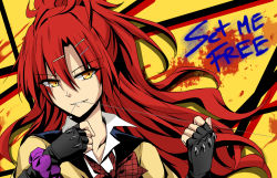  1girl akuma_no_riddle bad_id bad_pixiv_id black_gloves bow bowtie collarbone fingerless_gloves gloves hair_between_eyes kago-tan long_hair looking_at_viewer loose_bowtie mouth_hold parted_lips portrait red_bow red_bowtie red_hair sagae_haruki simple_background solo upper_body very_long_hair yellow_background yellow_eyes 