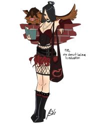  1girl absurdres against_wall alternate_costume alternate_universe arm_on_wall arm_up avatar:_the_last_airbender avatar_legends azula bag belt bitsbytits black_belt black_collar black_eyes black_footwear black_hair black_lips book boots breasts bright_pupils brown_corset camisole chain_necklace cleavage collar corset creature detached_sleeves fashion fishnet_leggings goth_fashion high_heel_boots high_heels highres holding holding_book jewelry knee_boots leaning_back long_hair miniskirt multiple_belts necklace nose_piercing open_book piercing red_camisole red_sleeves shoulder_tattoo simple_background skirt small_breasts solo spiked_boots spiked_collar spikes standing straight_hair tattoo tote_bag white_background white_pupils 