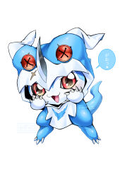 absurdres blue_skin button_eyes buttons chibimon claw_pose colored_skin commentary_request cosplay digimon digimon_(creature) full_body highres horns looking_at_viewer onesie open_mouth red_eyes shingetsu_(doru0222) simple_background single_horn smile solo speech_bubble tail translated twitter_username v-dramon v-dramon_(cosplay) white_background white_skin 