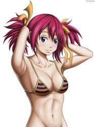  1girl absurdres armpits arms_behind_head belly bikini bikini_top_only blue_eyes breasts cleavage fairy_tail highres medium_breasts navel pink_hair red_hair sheria_blendy smile solo swimsuit  rating:Sensitive score:6 user:SunvySenpai